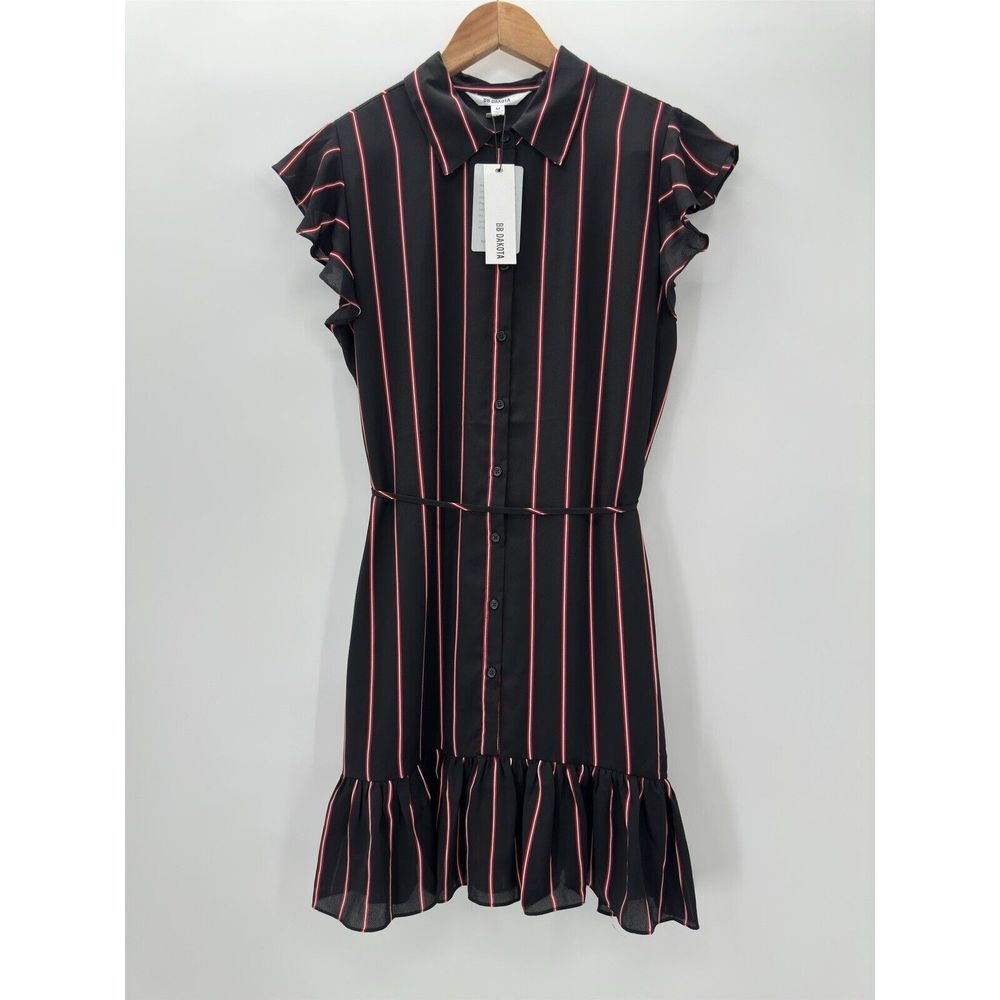 BB Dakota City Lines Dress In Black‎ Striped Short Button Up Women's Medium NEW